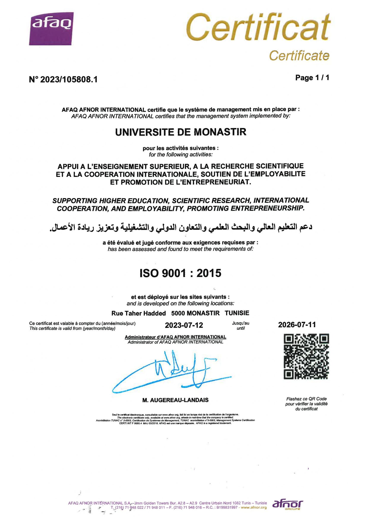 Certificat ISO 9001 version 2015